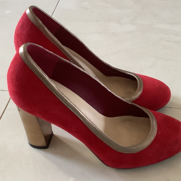 Cole Haan Red Suede Heels with Gold Trim - Picture 3 of 3